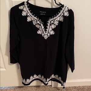 Talbots Black Blouse with White Embroidery